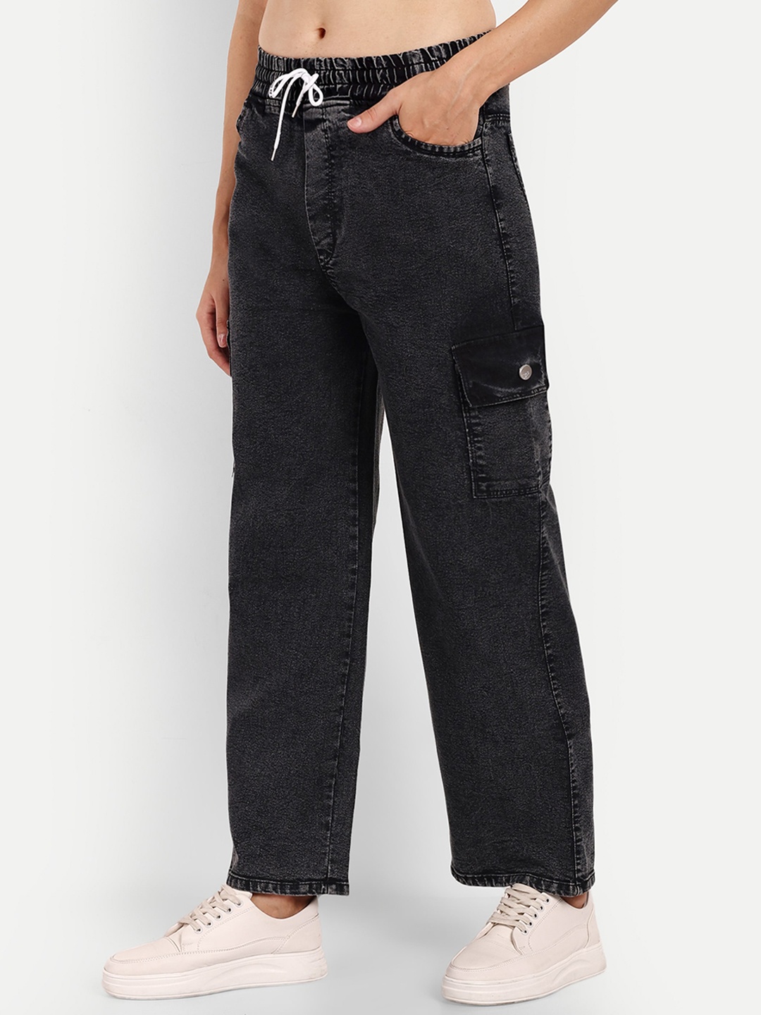 

Next One Women Smart Wide Leg High-Rise Stretchable Cargo Jeans, Black