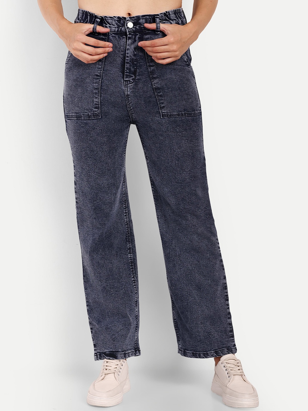 

Next One Women Smart Wide Leg High-Rise Light Fade Stretchable Jeans, Navy blue