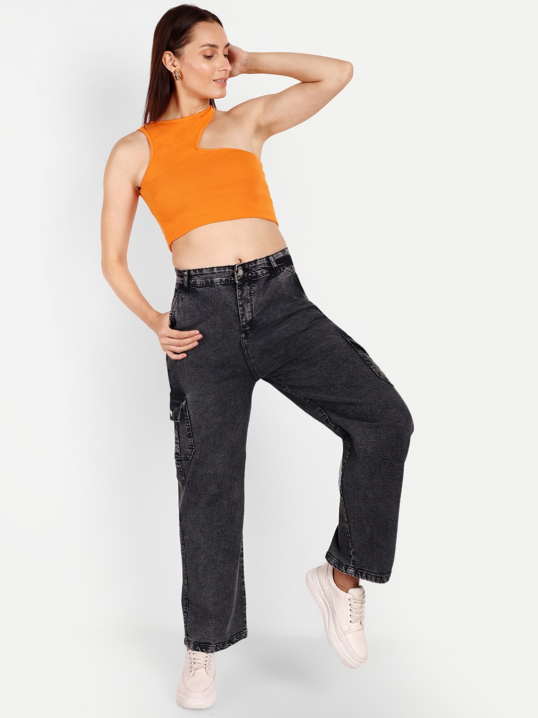 

Next One Women Smart Wide Leg High-Rise Light Fade Stretchable Cargo Jeans, Black