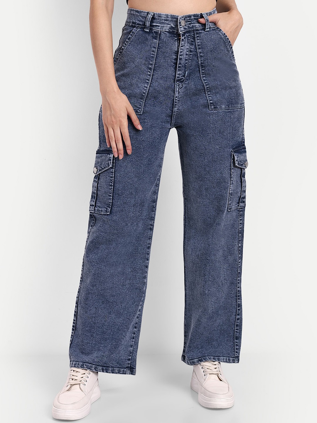 

Next One Women Smart Wide Leg High-Rise Heavy Fade Stretchable Cargo Jeans, Blue
