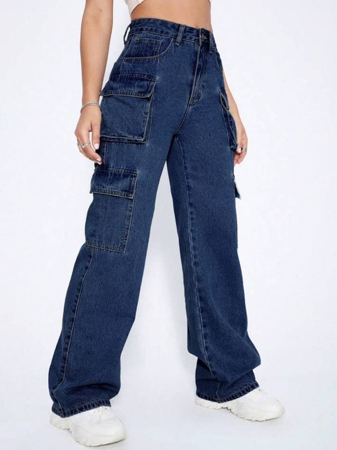 

Next One Women Smart Wide Leg High-Rise Clean Look Cotton Stretchable Cargos, Blue