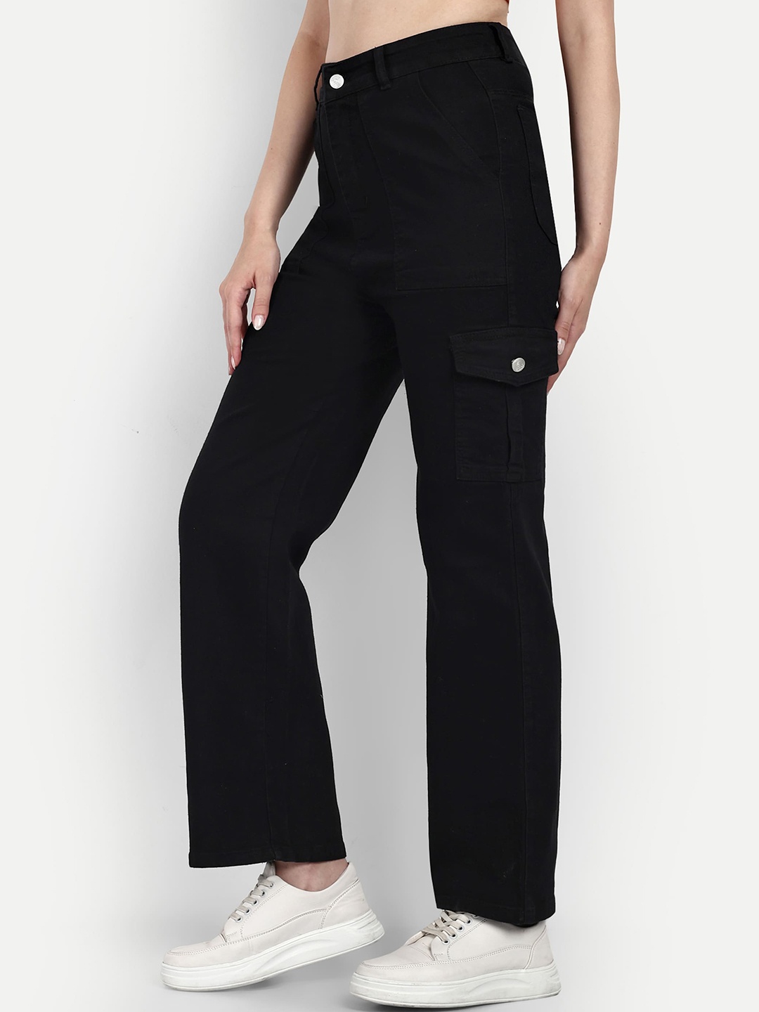 

Next One Women Smart Wide Leg High-Rise Clean Look Cotton Stretchable Cargos, Black