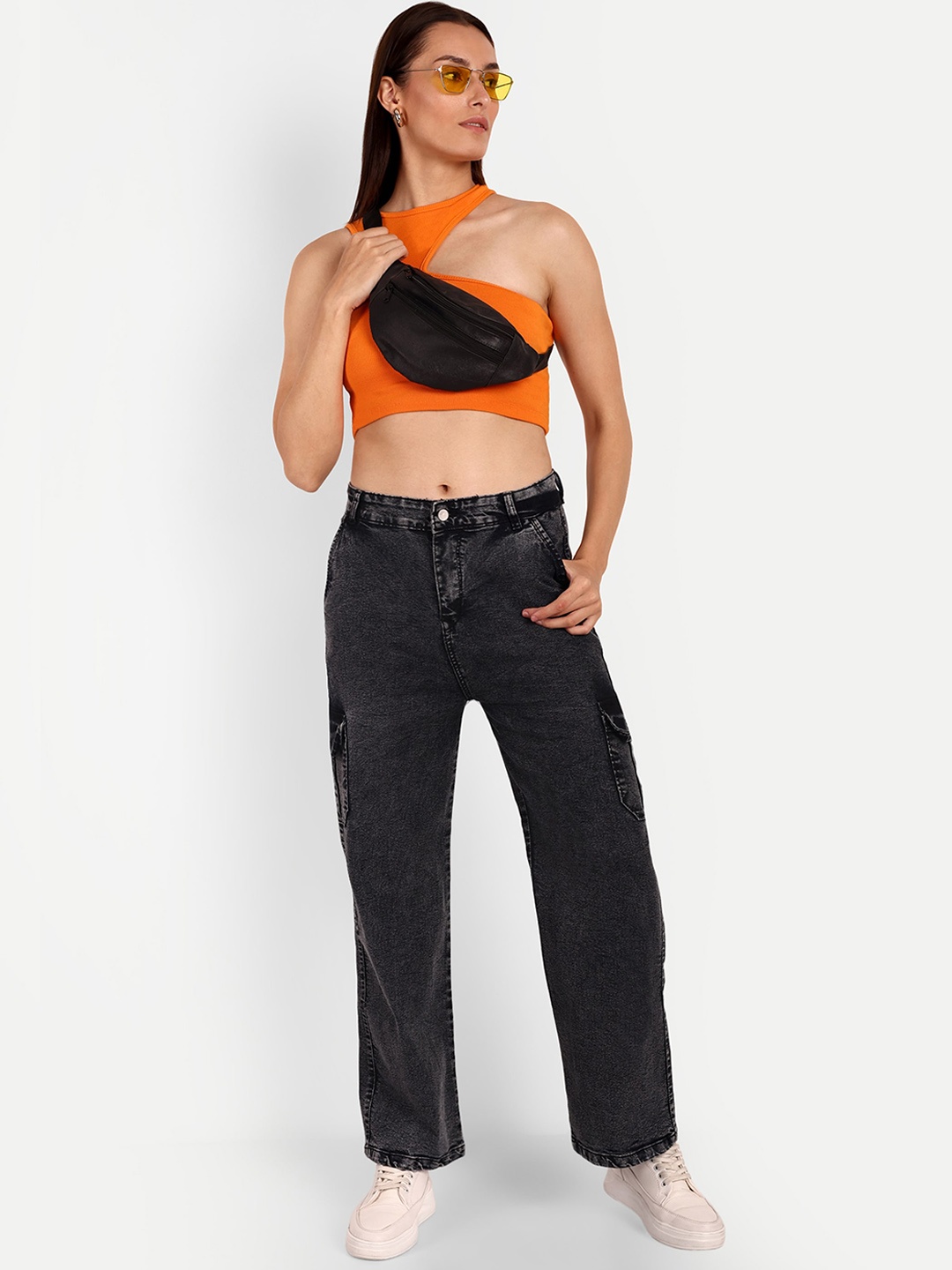 

Next One Women Smart Wide Leg High-Rise Light Fade Stretchable Jeans, Black