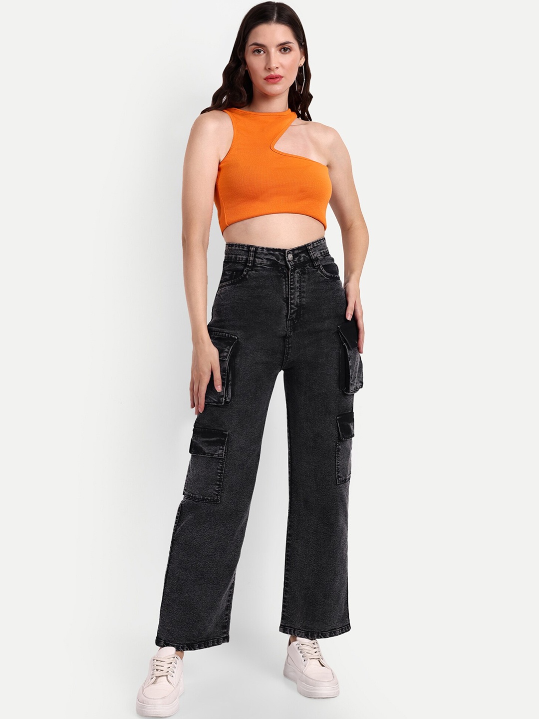 

Next One Women Smart Wide Leg High-Rise Light Fade Stretchable Jeans, Black