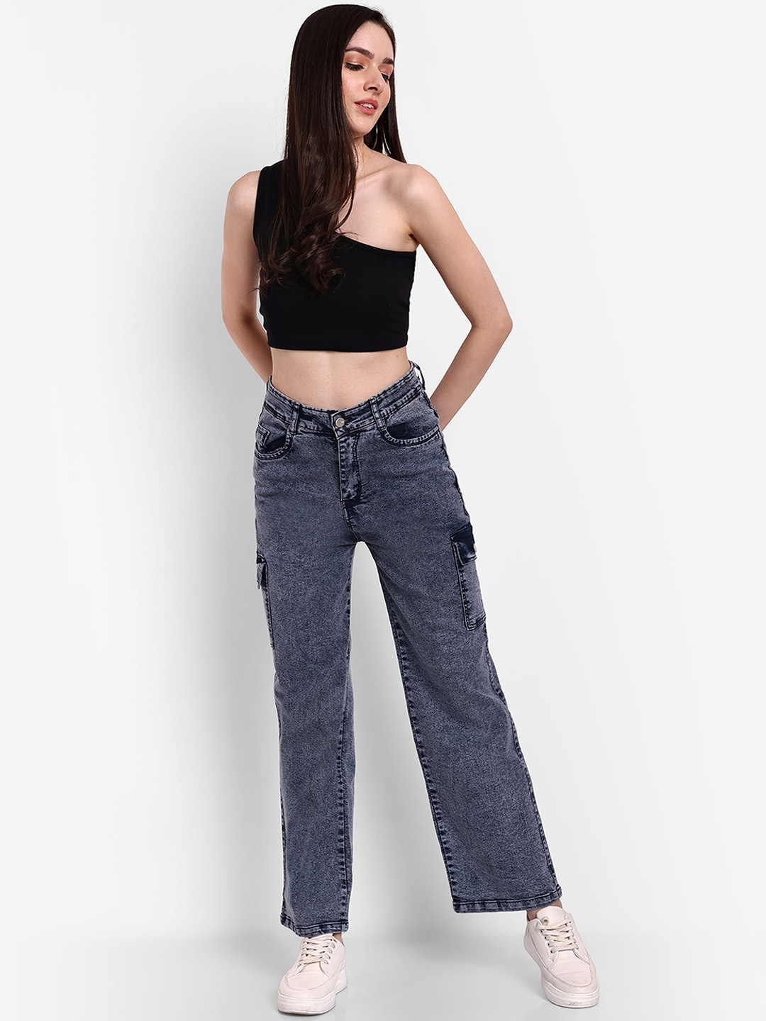 

Next One Women Smart Wide Leg High-Rise Heavy Fade Stretchable Jeans, Navy blue