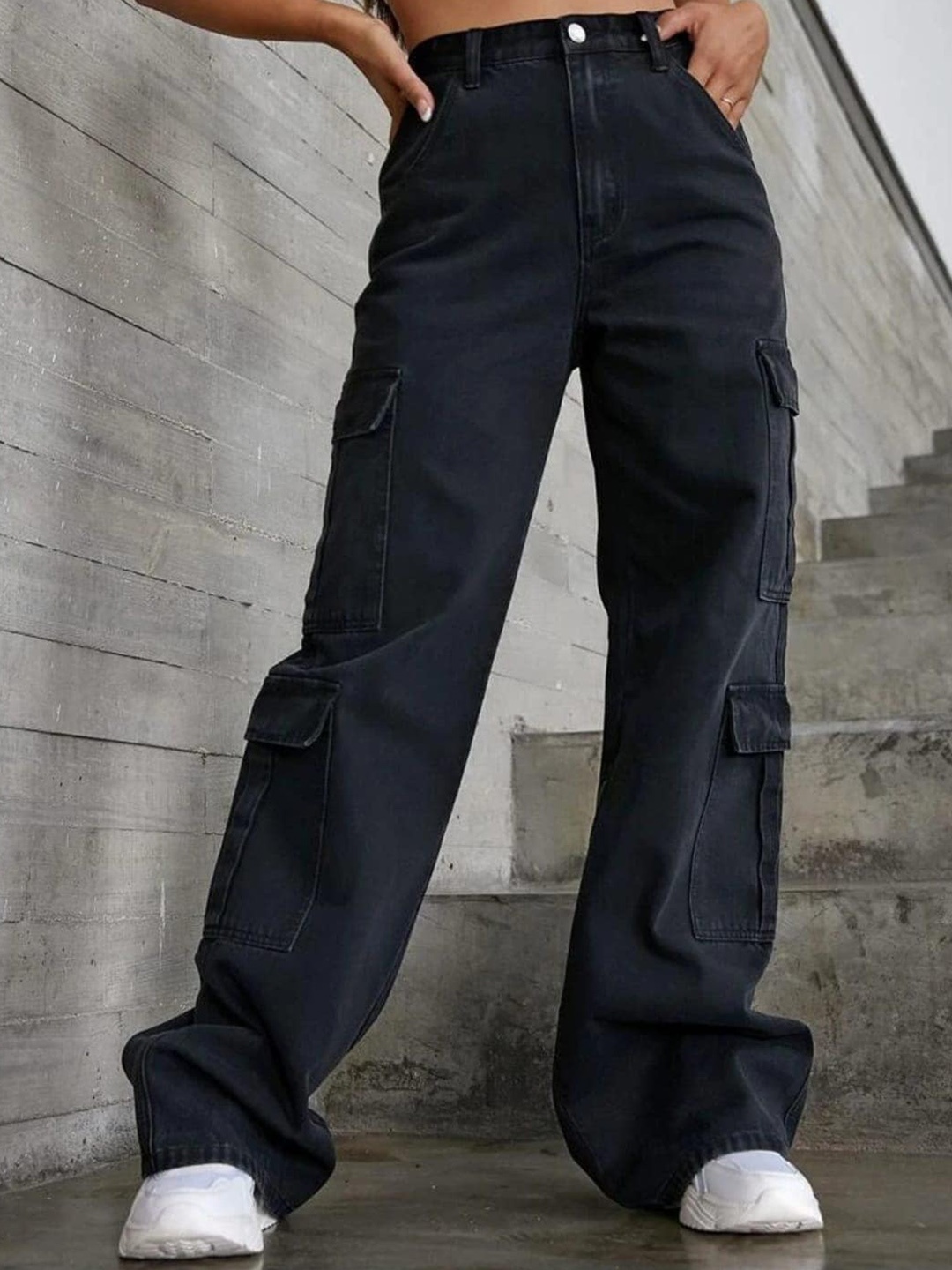 

Next One Women Smart Wide Leg High-Rise Clean Look Light Fade Stretchable Cargo Jeans, Black