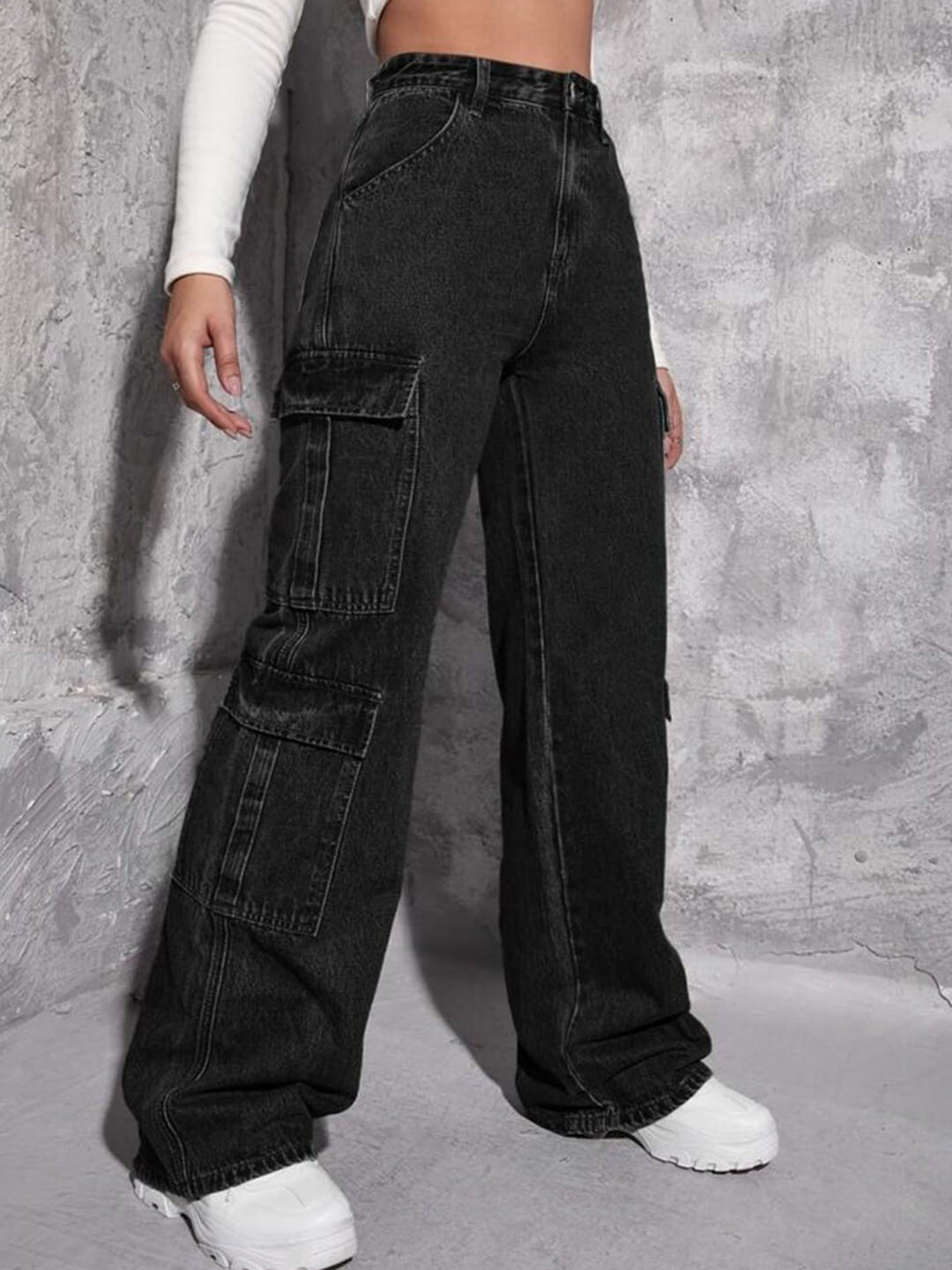 

Next One Women Smart Wide Leg High-Rise Clean Look Stretchable Cargo Jeans, Black