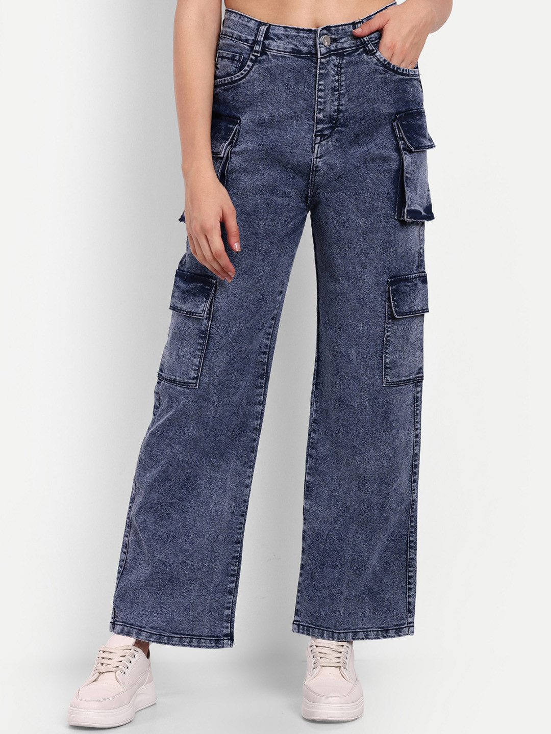 

Next One Women Smart Wide Leg High-Rise Clean Look Stretchable Cargo Jeans, Navy blue