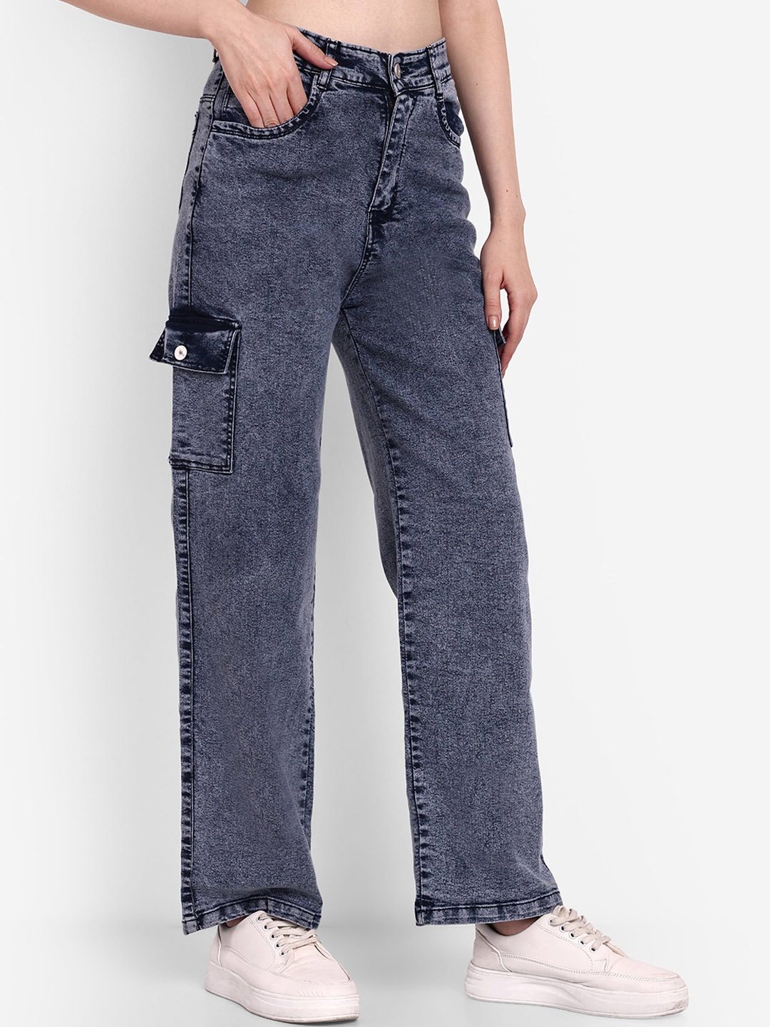 

Next One Women Smart Wide Leg High-Rise Heavy Fade Stretchable Jeans, Navy blue