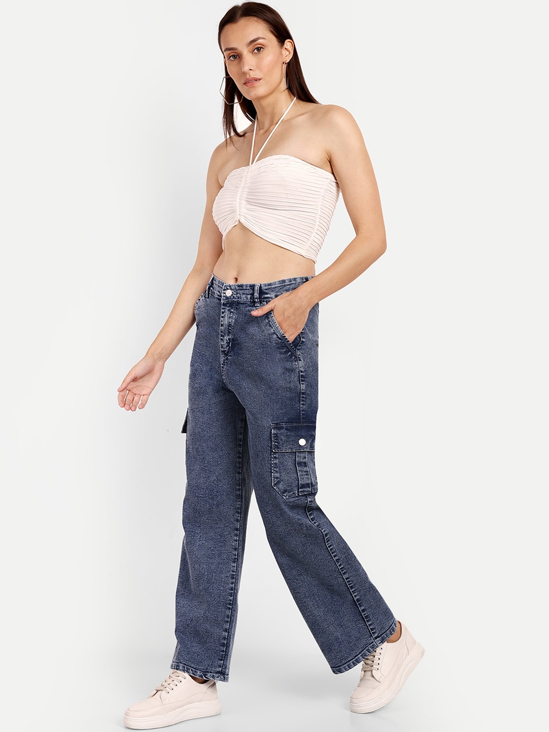 

Next One Women Smart Wide Leg High-Rise Stretchable Cotton Jeans, Blue