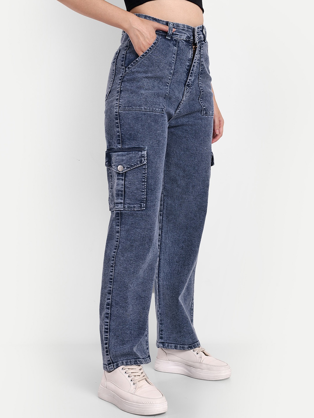 

Next One Women Smart Wide Leg High-Rise Heavy Fade Stretchable Cotton Jeans, Blue