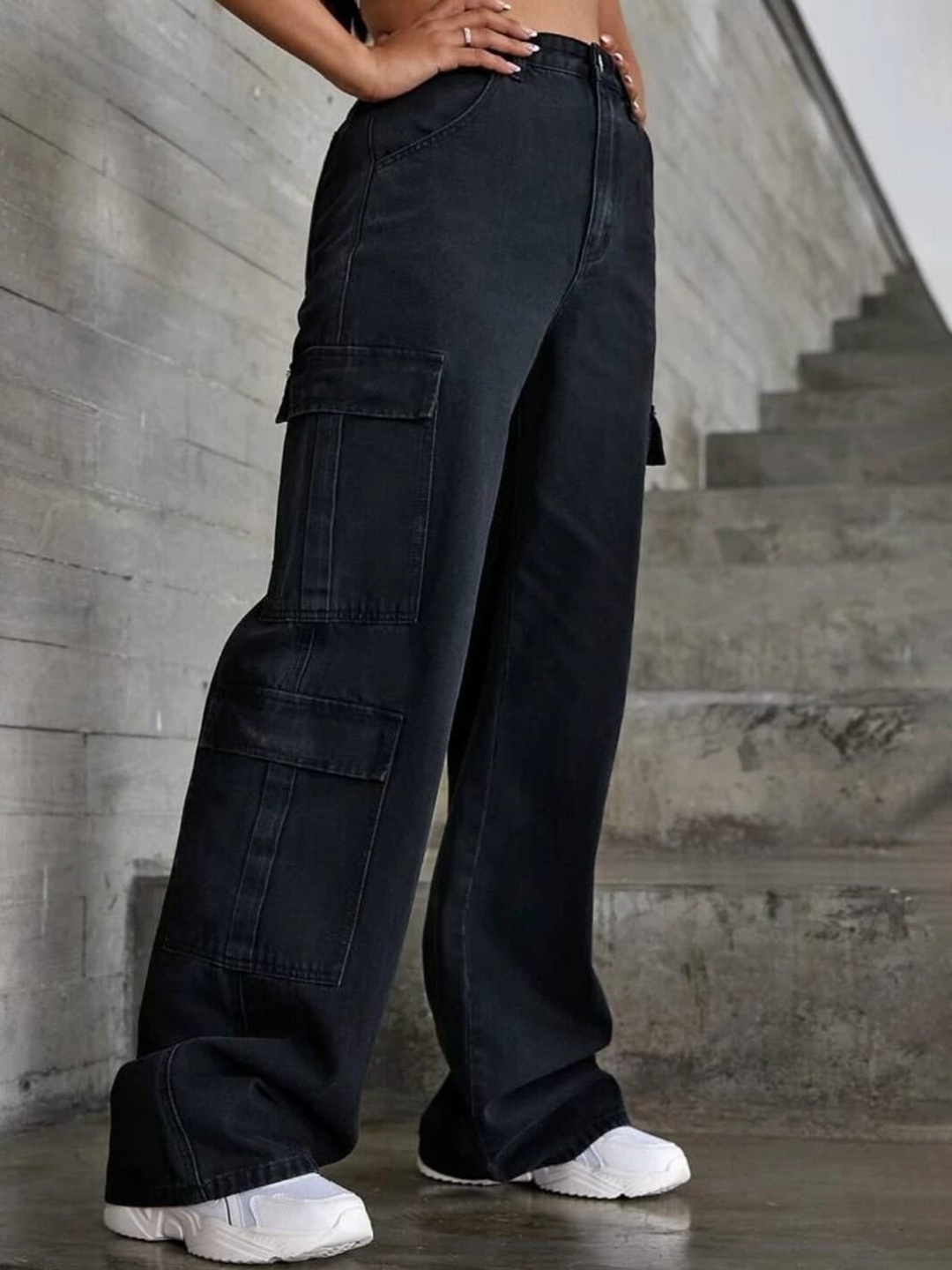

Next One Women Smart Wide Leg High-Rise Highly Distressed Stretchable Jeans, Black