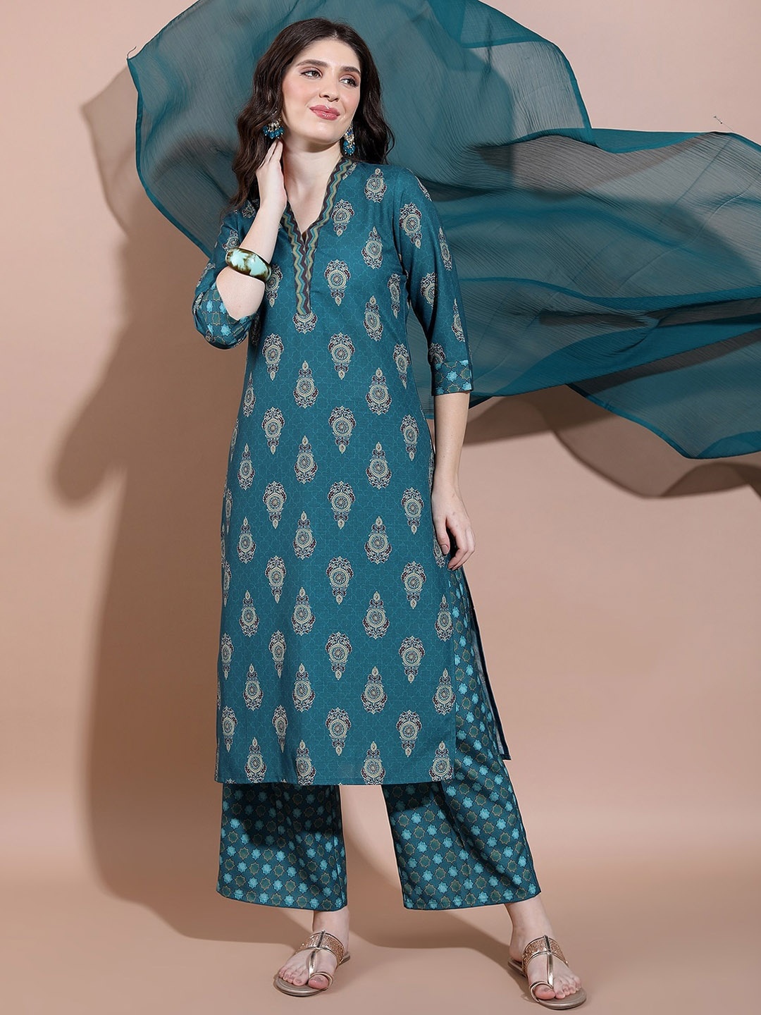 

KETCH Ethnic Motifs Printed Kurta with Palazzos & Dupatta, Teal