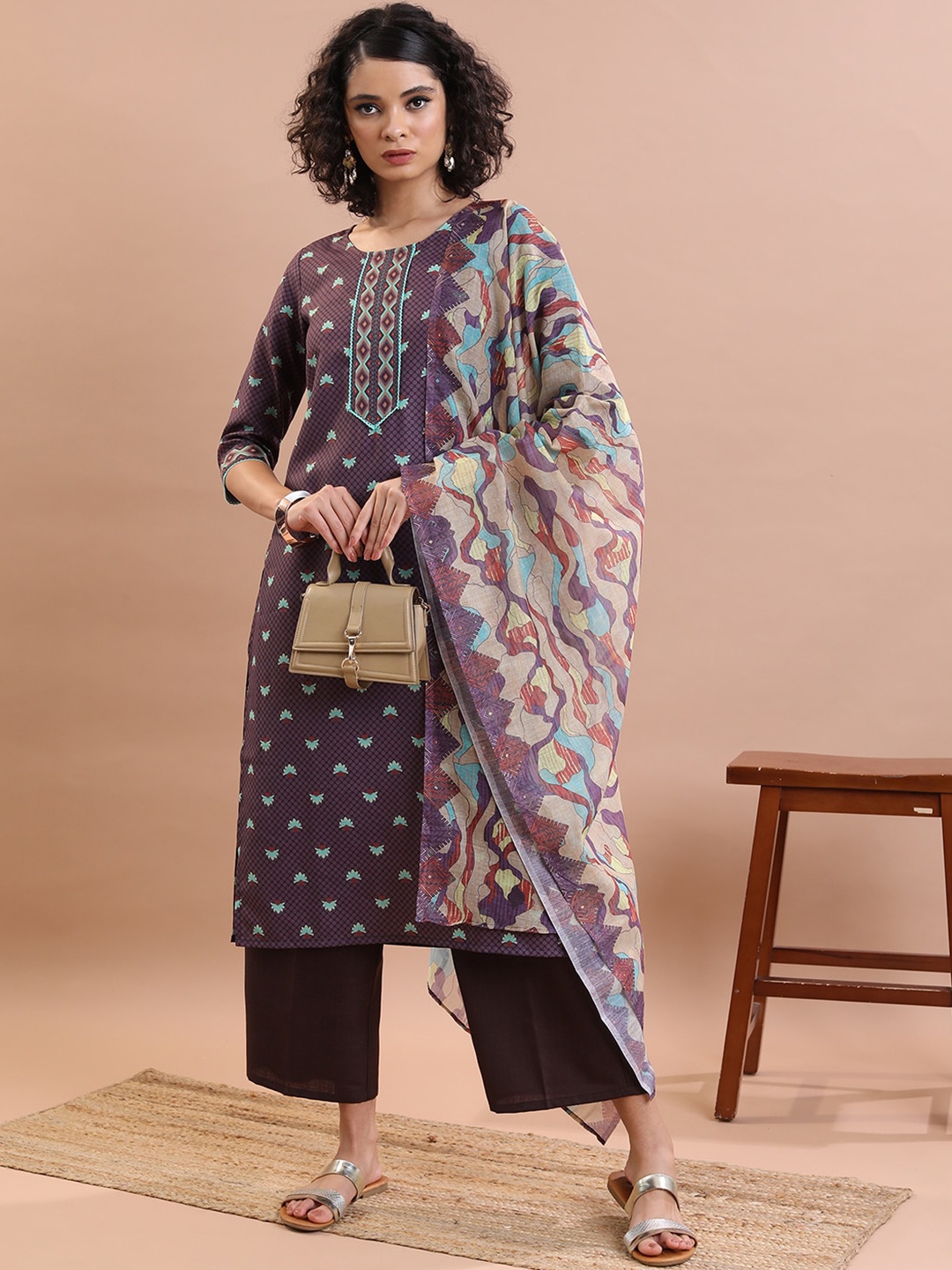 

KETCH Floral Printed Regular Kurta With Palazzos & Dupatta, Brown