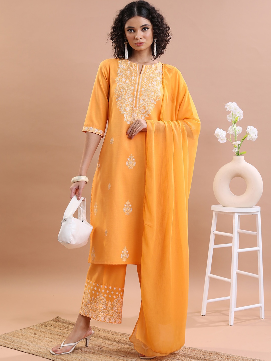 

KETCH Ethnic Motif Printed Straight Kurta With Palazzos & Dupatta, Mustard
