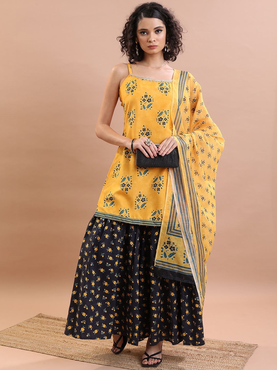 

KETCH Floral Printed Regular Top With Sharara & Dupatta, Mustard