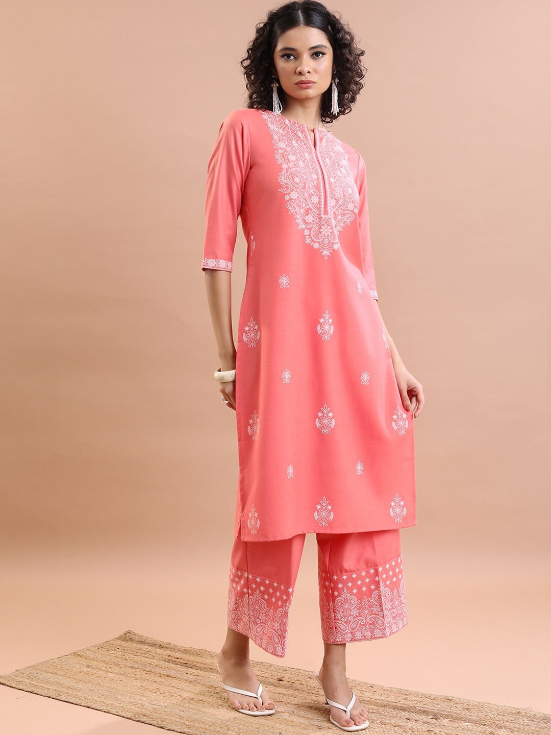 

KETCH Ethnic Motif Printed Straight Kurta With Palazzos & Dupatta, Coral