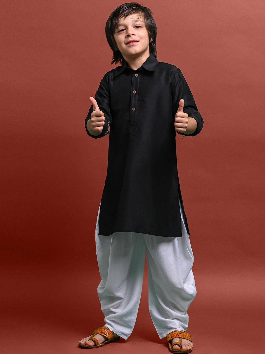 

VESHAM Boys Shirt Collar Kurta With Dhoti Pants, Black