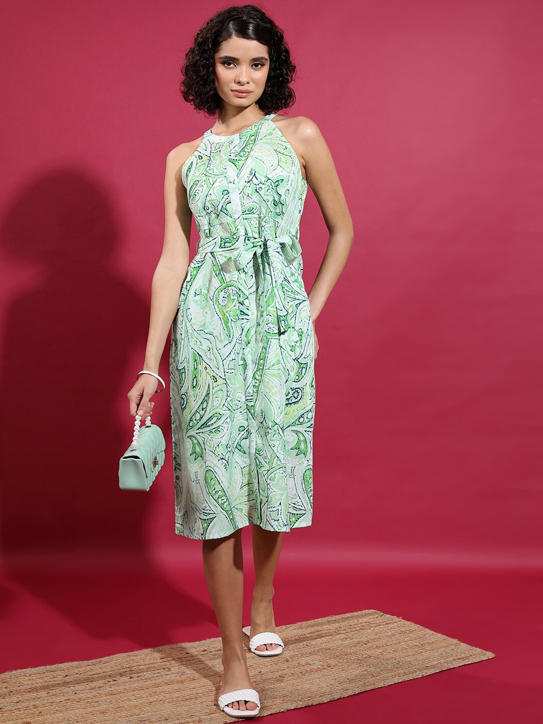 

Vishudh Floral Printed Sleeveless Tie-Ups A-Line Midi Dress, Green