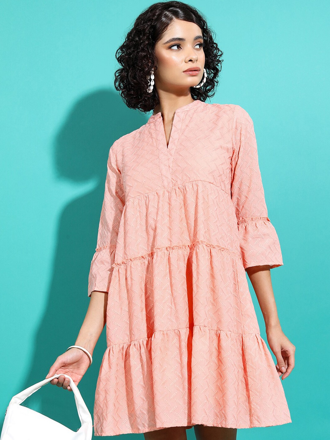 

Vishudh Peach Coloured Embroidered Bell Sleeves Tiered A-Line Dress
