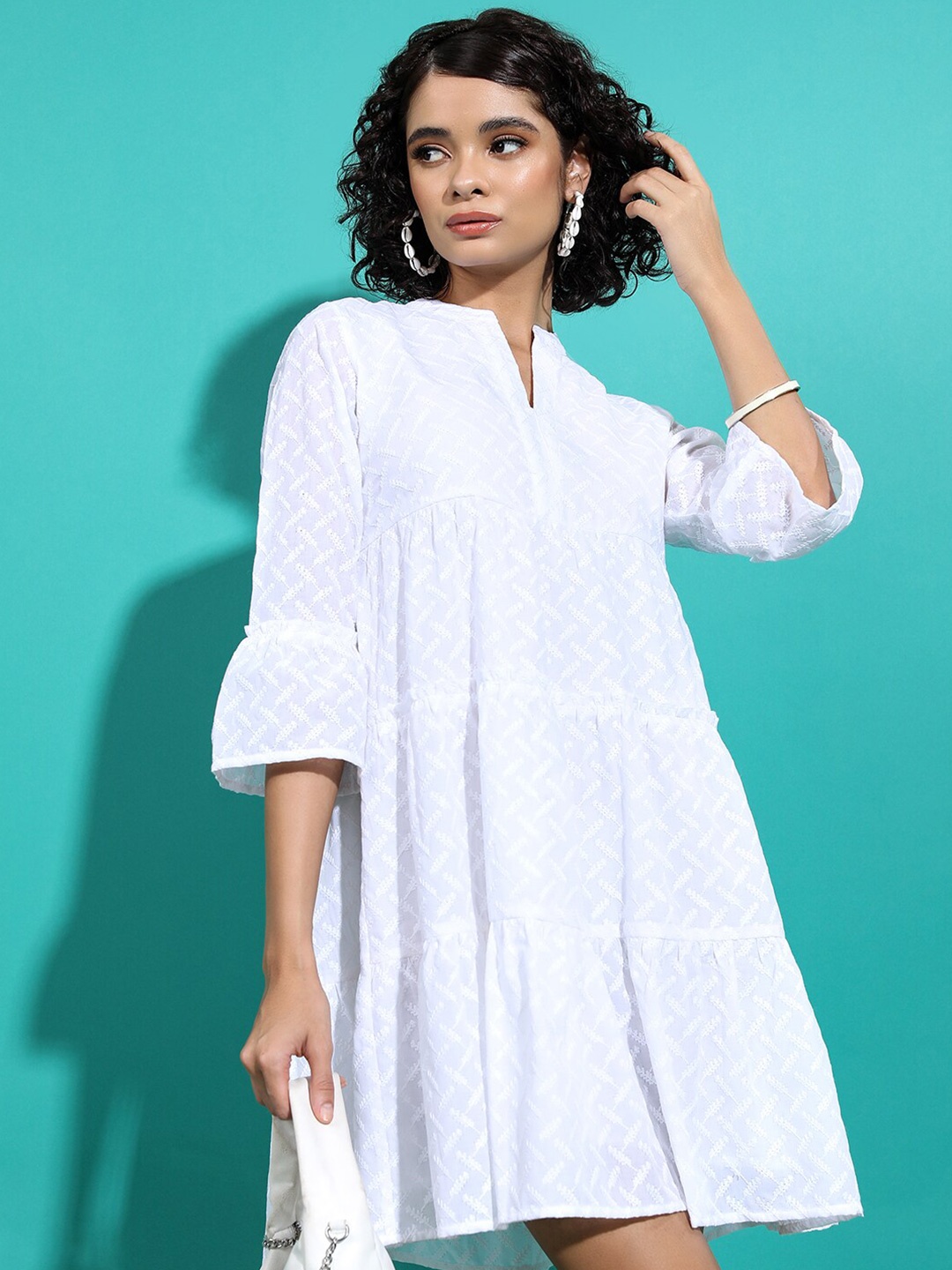 

Vishudh White Embroidered Bell Sleeves Tiered A-Line Dress