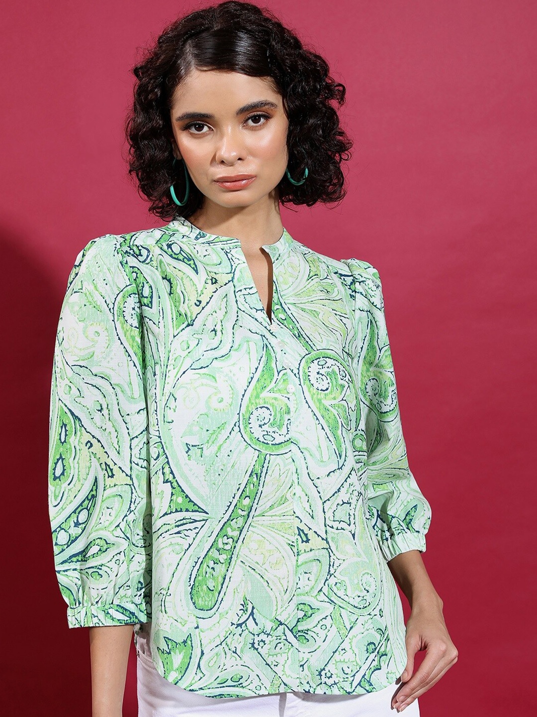 

Vishudh Ethnic Motifs Printed Mandarin Collar Puff Sleeves Top, Green