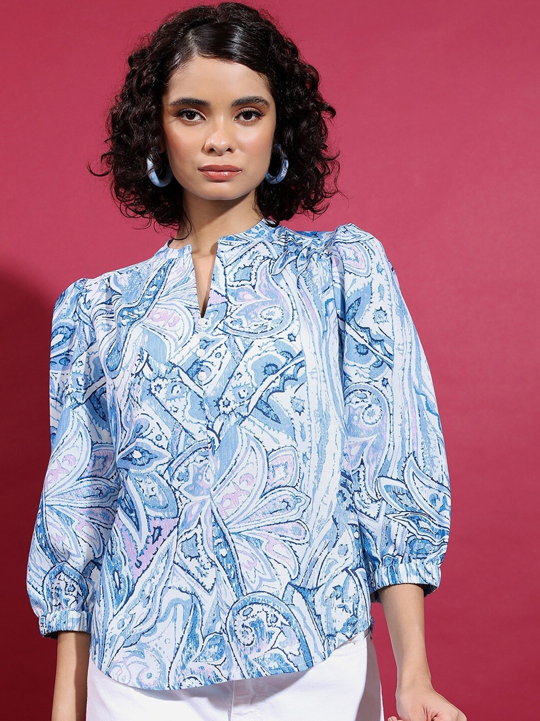 

Vishudh Ethnic Motifs Printed Mandarin Collar Puff Sleeves Top, Blue