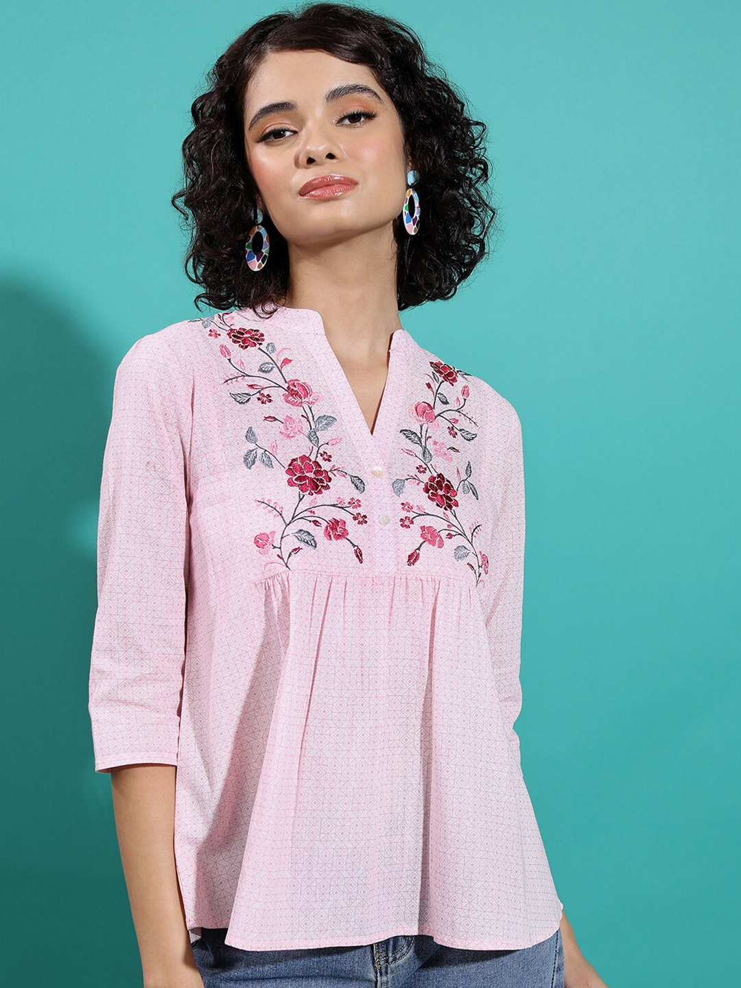 

Vishudh Floral Embroidered Mandarin Collar Gathered A-line Cotton Top, Pink