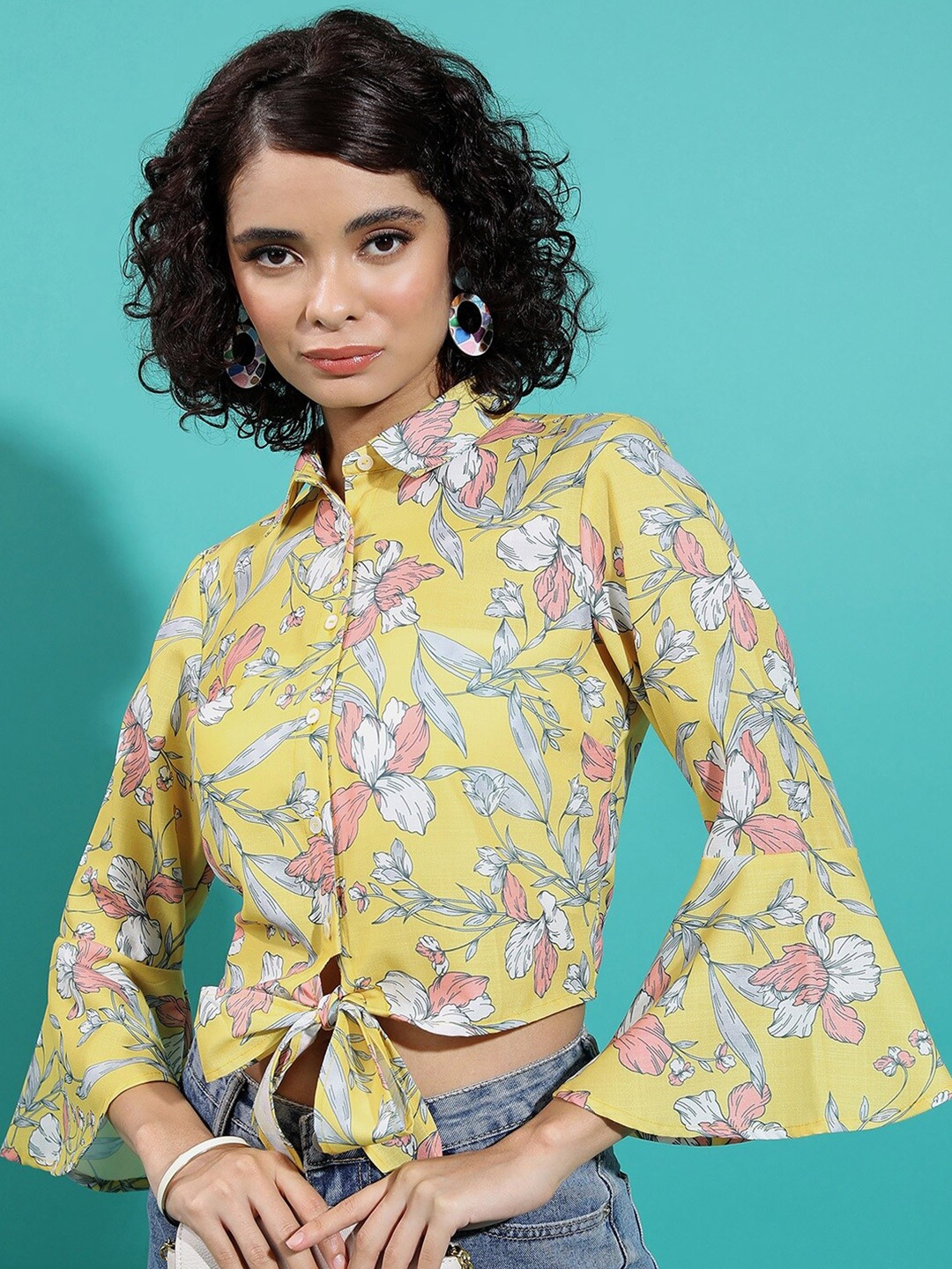 

Vishudh Floral Printed Tie-Up Detail Bell Sleeves Crop Shirt Style Top, Yellow