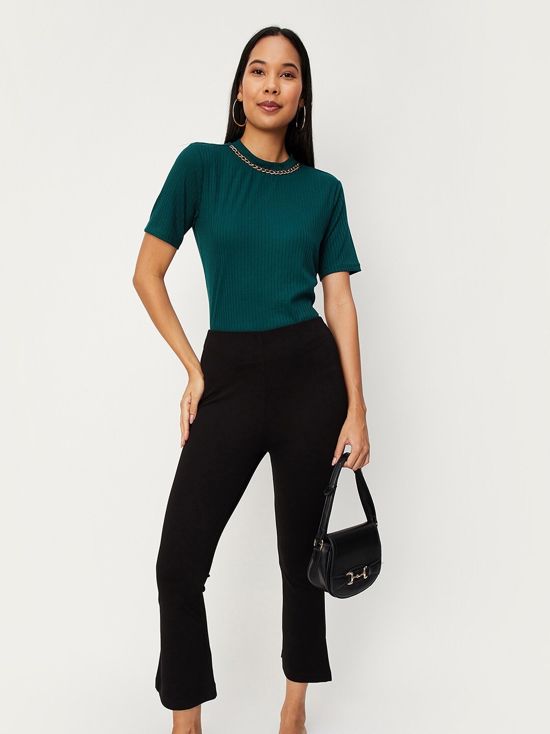 

max Self Design Round Neck Casual Top, Green