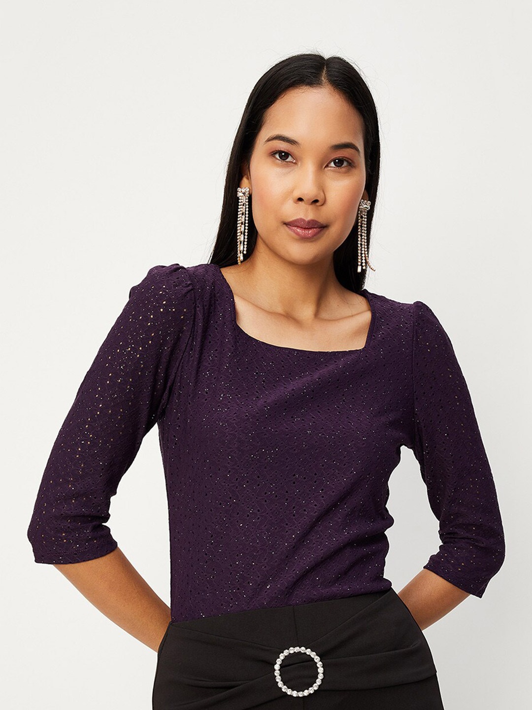 

max Embellished Square Neck Puff Sleeves Top, Purple
