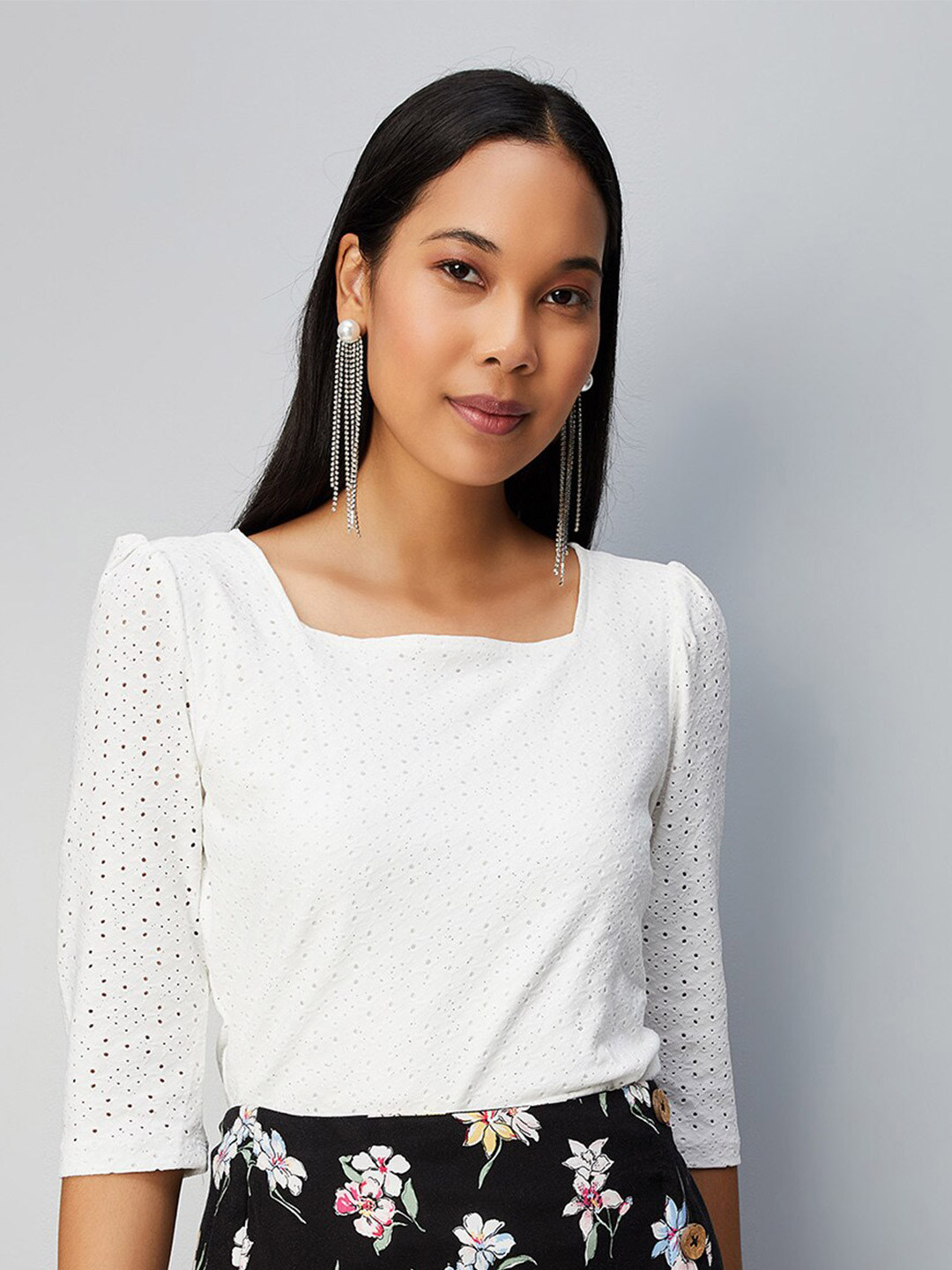 

max Self Design Square Neck Puff Sleeve Top, White