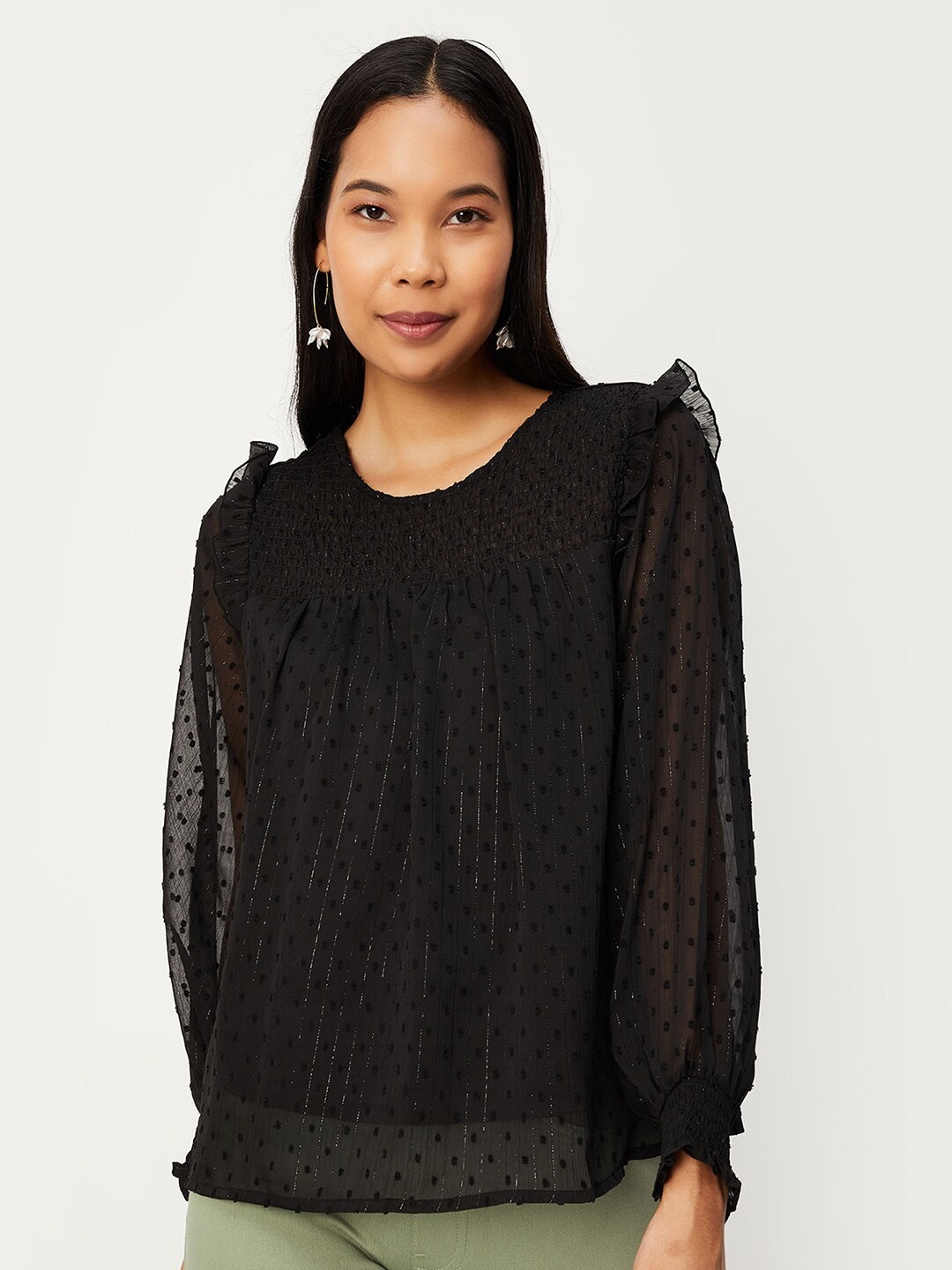 

max Self Design Puff Sleeves Smocked Casual Top, Black