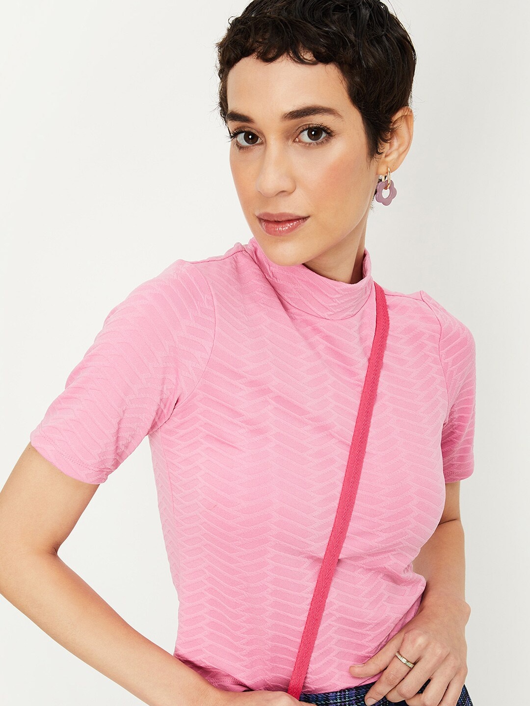 

max Self Design High Neck Casual Top, Pink