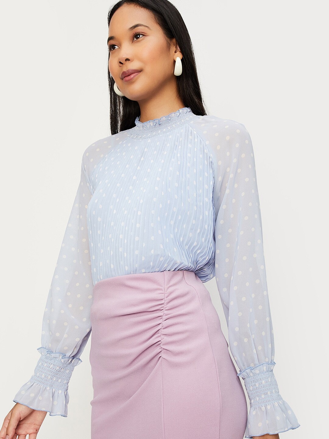 

max Polka Dots Printed Bell Sleeves Smocked Shirt Style Top With Slip, Blue