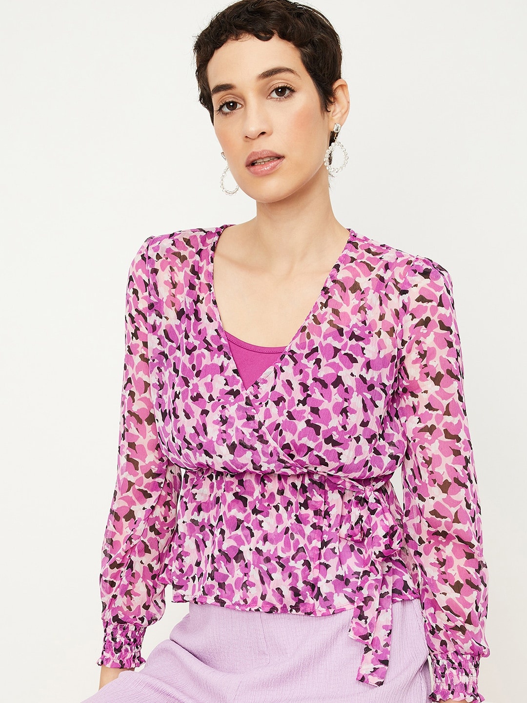 

max Printed V-Neck Puff Sleeves Smocked Wrap Top With Slip, Purple