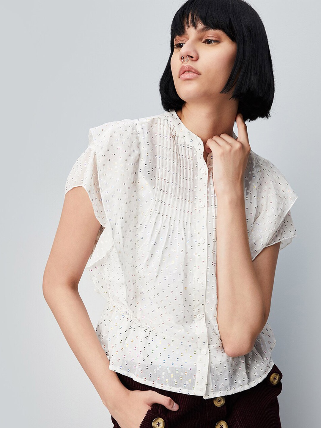 

max Self Design Mandarin Collar Flutter Sleeves Top, White