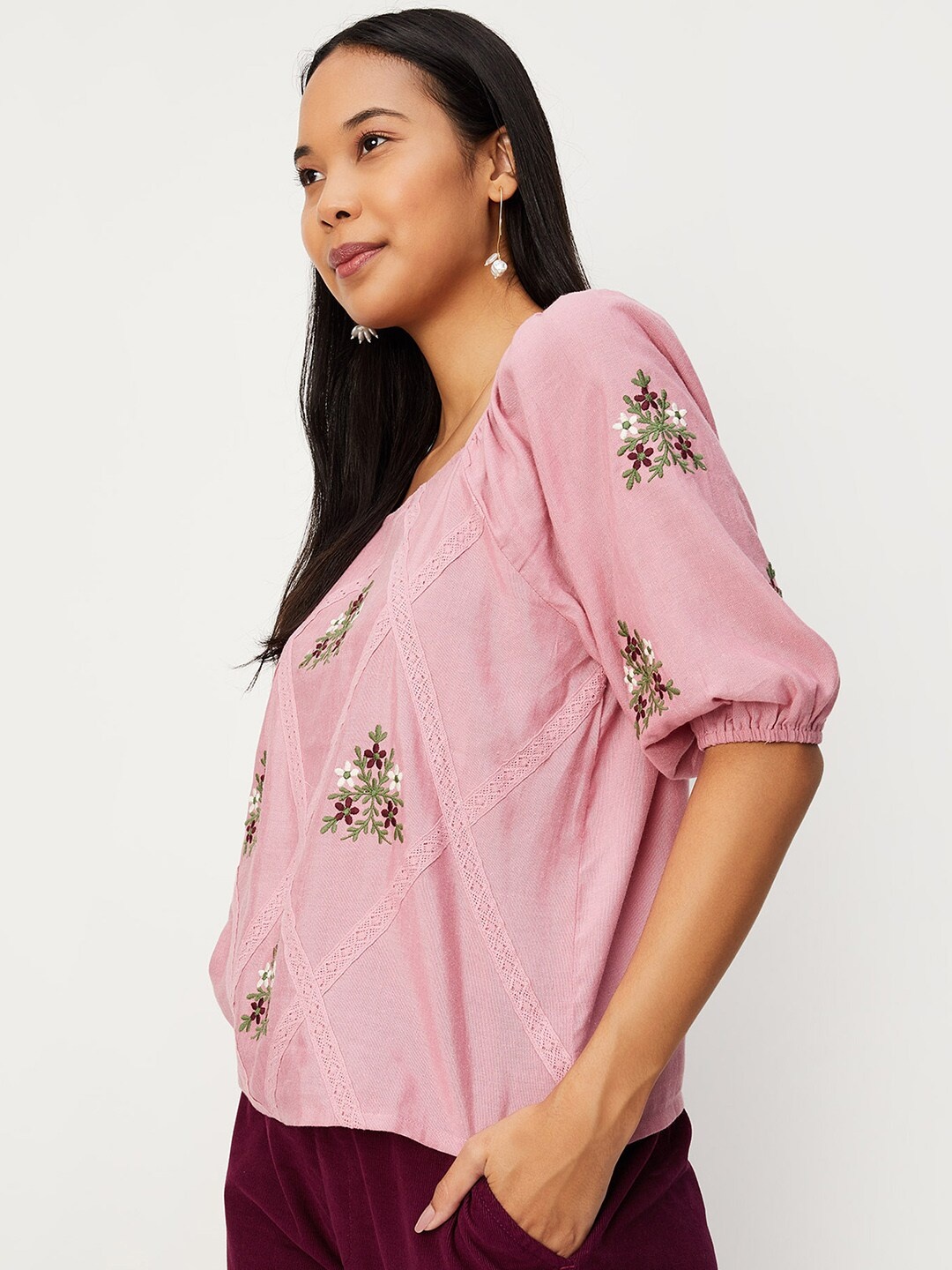

max Floral Embroidered Square Neck Puff Sleeves Lace Inserted Casual Top, Pink
