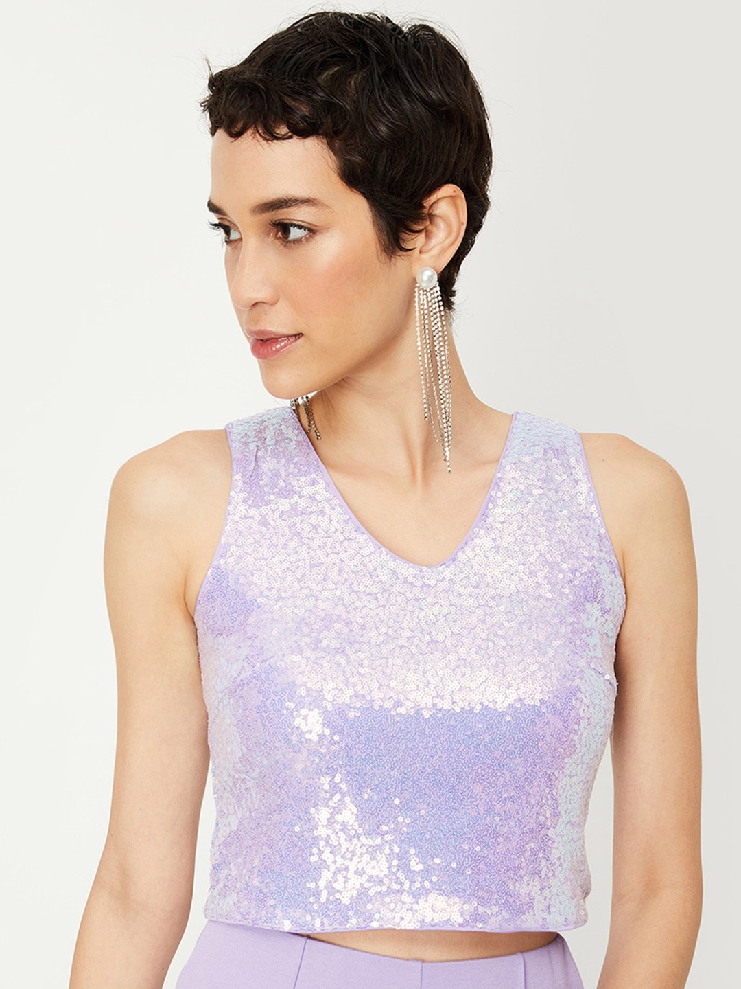 

max Embellished V-Neck Sleeveless Sequinned Crop Top, Purple