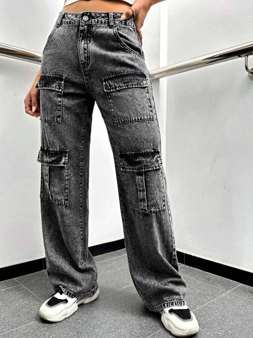 

Next One Women Smart Wide Leg High-Rise Highly Distressed Heavy Fade Stretchable Jeans, Black