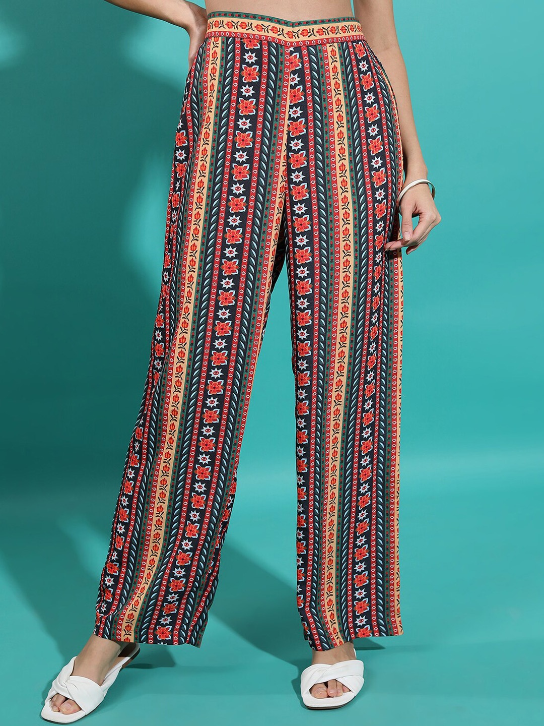 

KETCH Women Striped Mid-Rise Flared Trousers, Red
