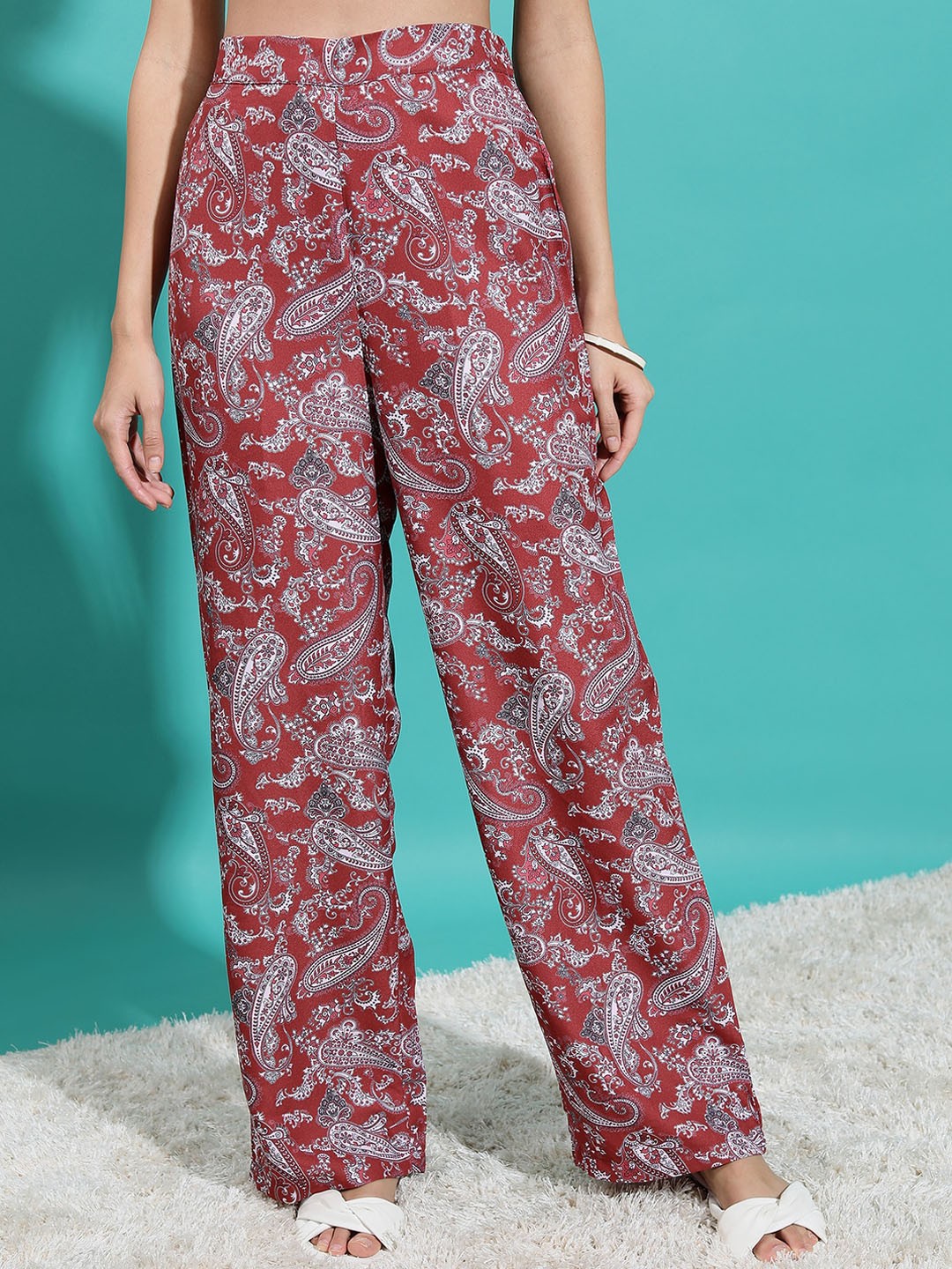 

KETCH Women Ethnic Motifs Printed Mid-Rise Flared Trousers, Maroon