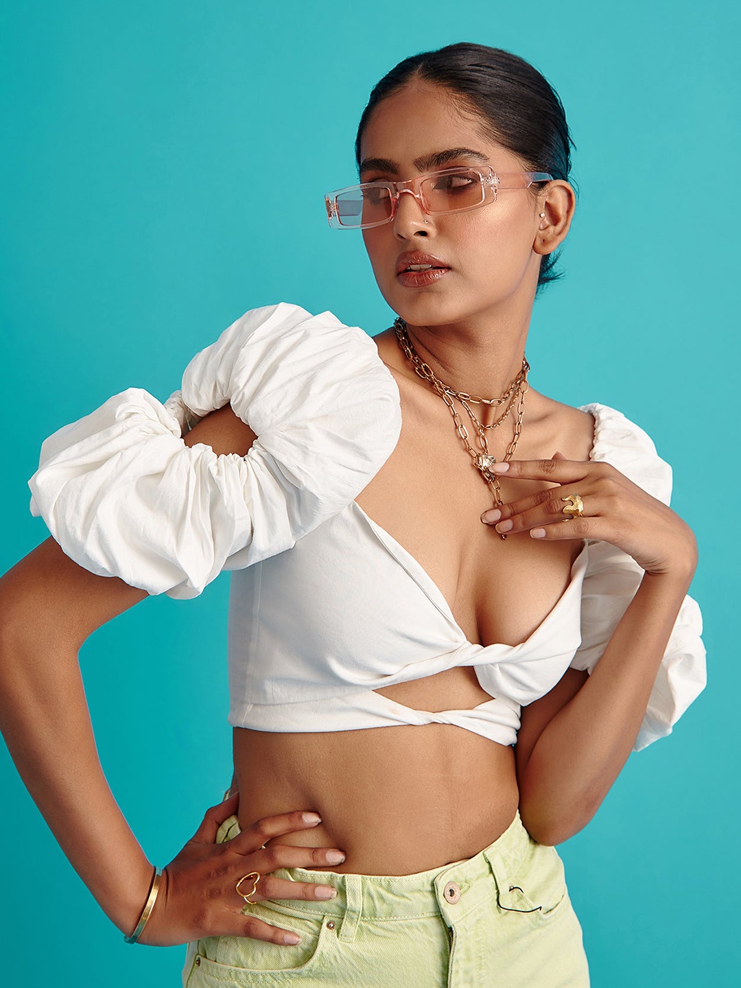 

THE CLOTHING FACTORY V-Neck Puff Sleeves Bralette Crop Top, White