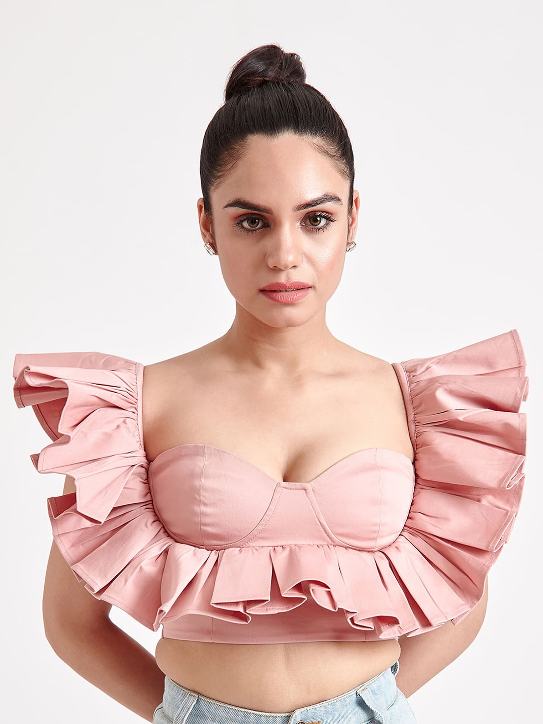 

THE CLOTHING FACTORY Sweetheart Neck Flutter Sleeves Ruffled Fitted Crop Top, Pink