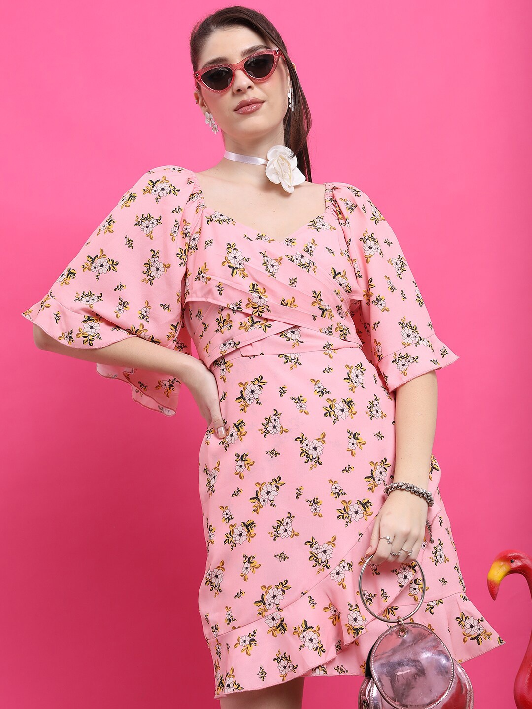 

KETCH Pink Floral Printed Flared Sleeve Ruffled Wrap Dress