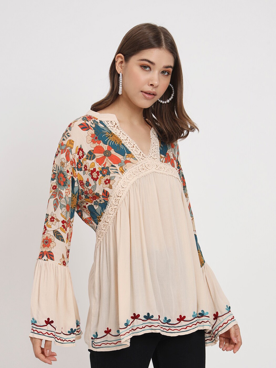 

VELDRESS Cream-Coloured Floral Print Mandarin Collar Bell Sleeves Longline Empire Top