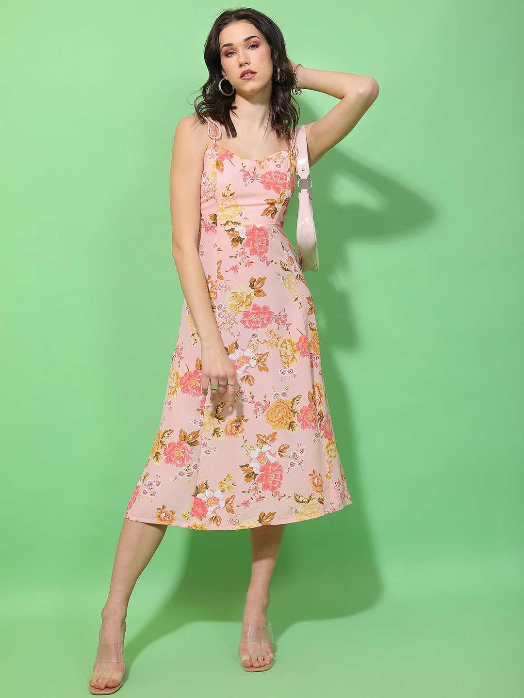 

Tokyo Talkies Pink Floral Printed A-Line Midi Dress