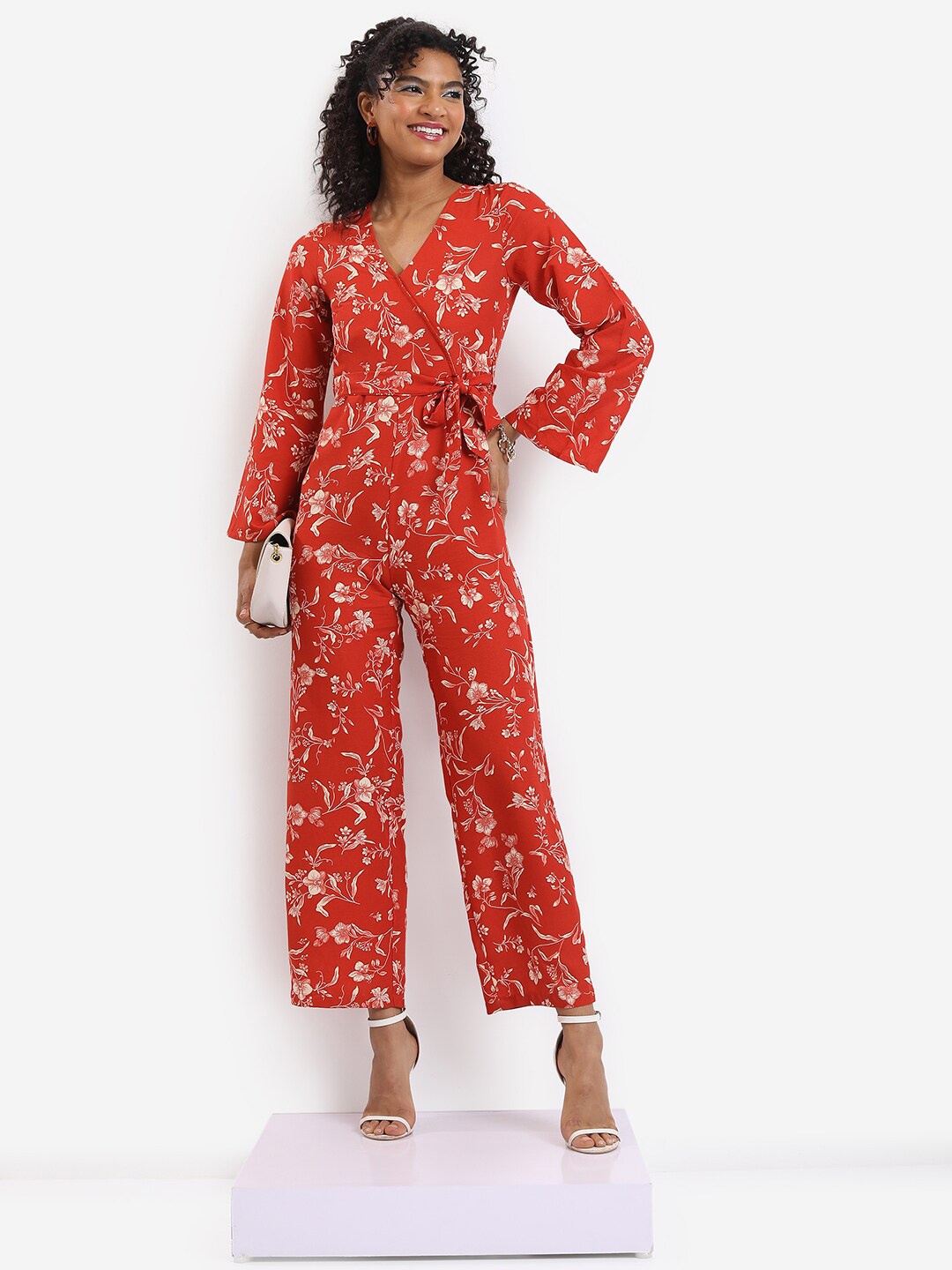 

Tokyo Talkies Rust & White Printed Waist Tie-Ups Basic Jumpsuit