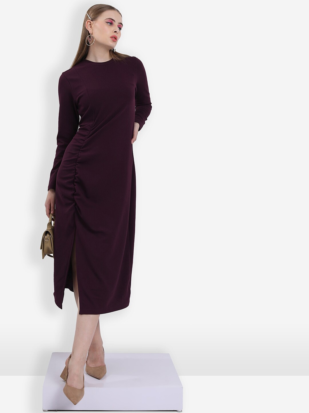 

Tokyo Talkies Purple Round Neck Sheath Midi Dress