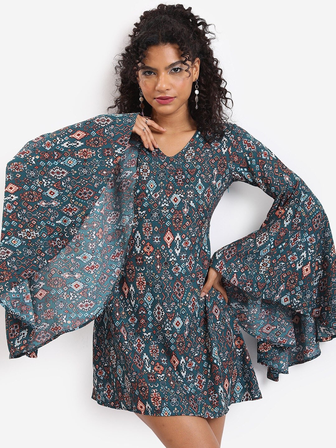 

Tokyo Talkies Ethnic Motif Printed V Neck Bell Sleeve Fit And Flare Mini Dress, Green